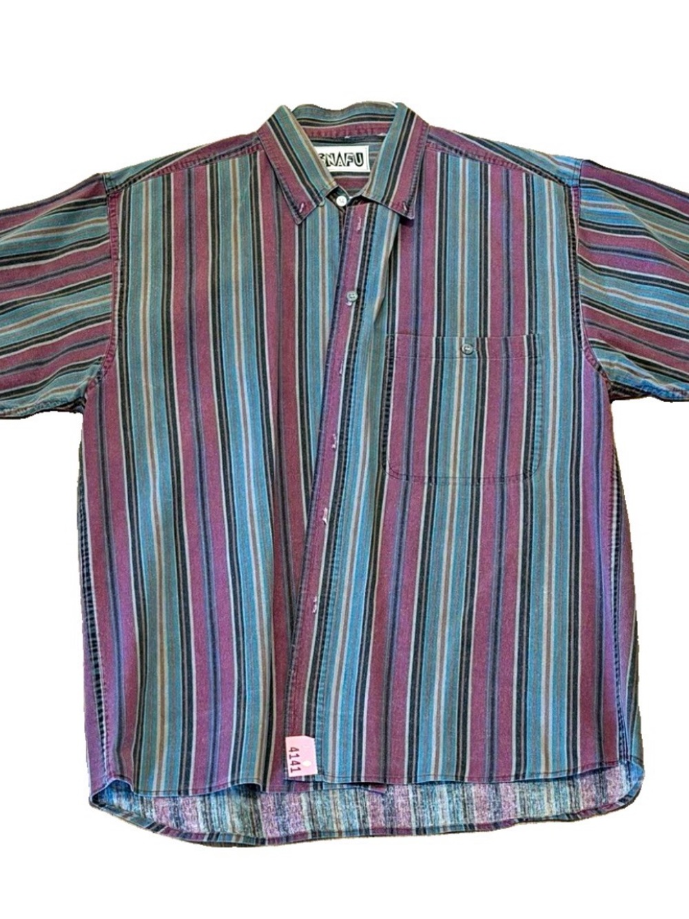 Casual Multicolor Striped Short-Sleeve Button-Down Shirt - Purple/Green